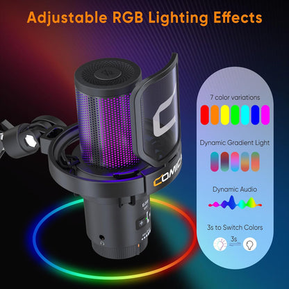 COMICA EJoy Uni USB Condenser Gaming for PC, PS4, PS5, USB C Phone, and Mac, Boom Arm RGB Computer Mic for Twitch, Streaming/Podcasting/YouTube, Noise Cancellation Mic with Mute, Gain, Monitoring