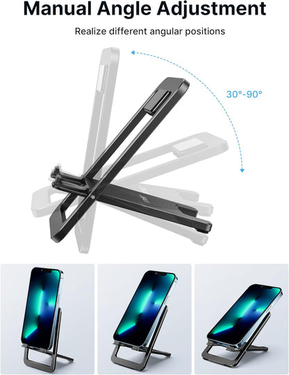 JSAUX Cell Phone Stand, Foldable Aluminum Adjustable Phone Holder for Desk Portable Travel Holder Office Desk Accessories Compatible with iPhone 15 14 13 12 11 Pro Max X Samsung S24 S23 Steam Black