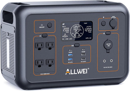 ALLWEI LiFePO4 Portable Power Station 1200W, 1008Wh Solar Generator with UPS Mode, 1.5Hrs Fast Charge, 4 AC Outlet(Surge 2400W), Power Battery Generator for CPAP Camping Outdoor Emergency