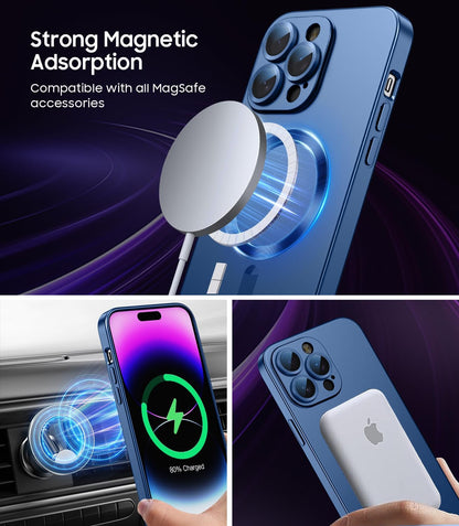 Magnetic for iPhone 14 Pro Max Case [Compatible with MagSafe][Built-in Camera Lens Protector] Slim Soft TPU Bumper Shockproof Metallic Luster Phone Case (Blue)