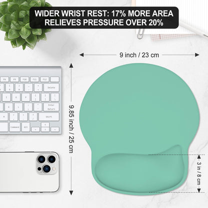 ITNRSIIET Ergonomic Mouse Pad with Wider Memory Foam Wrist Rest +17%, Curved Cushion Reduces Pressure 20%, Pain Relief, Non-Slip, Smooth, Cute Color Desk Accessory, 9.85 x 9 inch, Mint Green