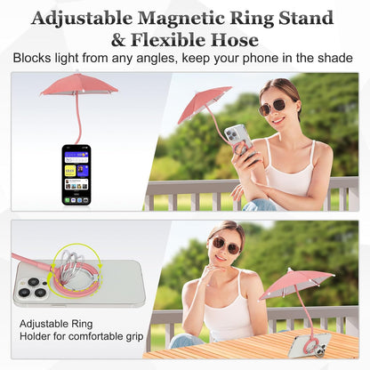 Magnetic Umbrella Phone Stand for Sun Protection,Adjustable Sun Shade Shield for iPhone 16/15/14/13/12 Pro Max,Samsung & Google,Detachable Ring Stand,Heat-Resistant Design,Car Mount Compatible, Pink