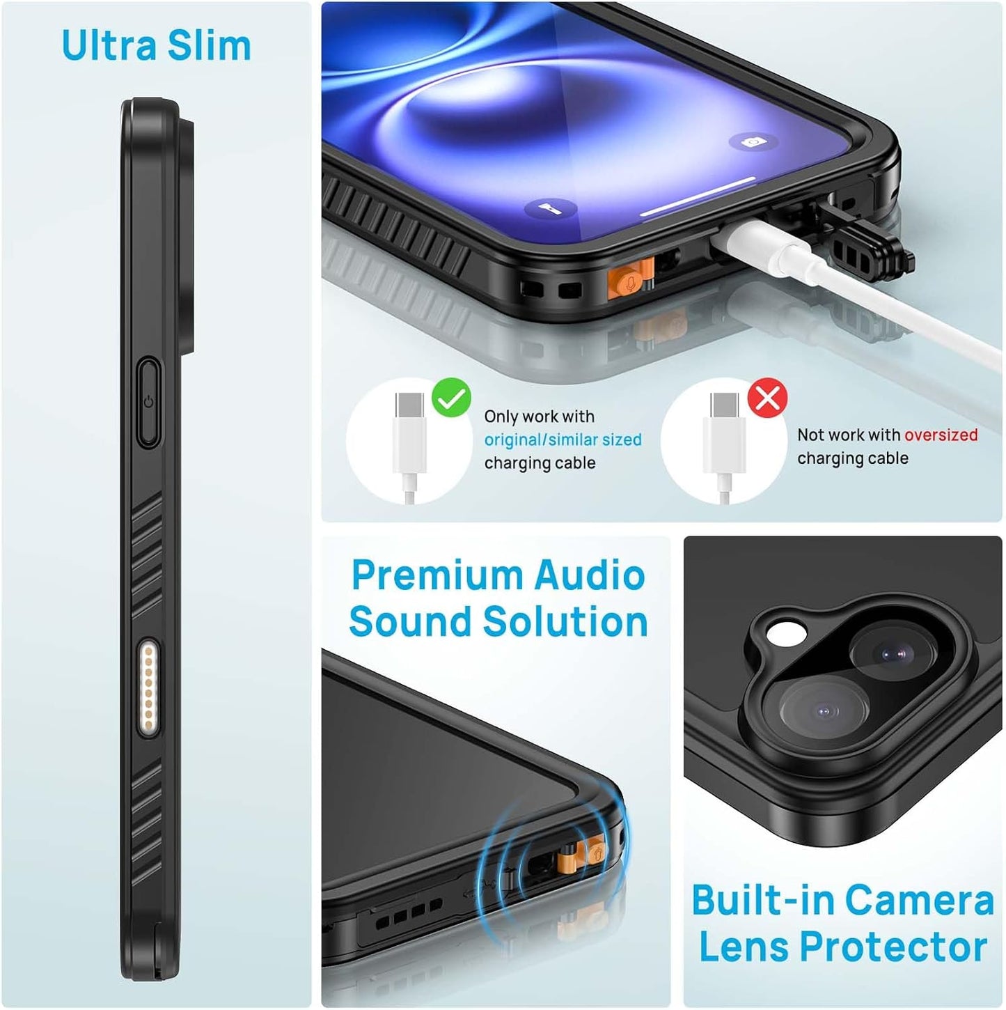 Lanhiem for iPhone 16 Case, IP68 Waterproof Dustproof Shockproof Cases with Built-in Screen Protector, 360 Full Body Protective Heavy Duty Rugged Phone Cover for iPhone 16-6.1 inch (Black/Clear)