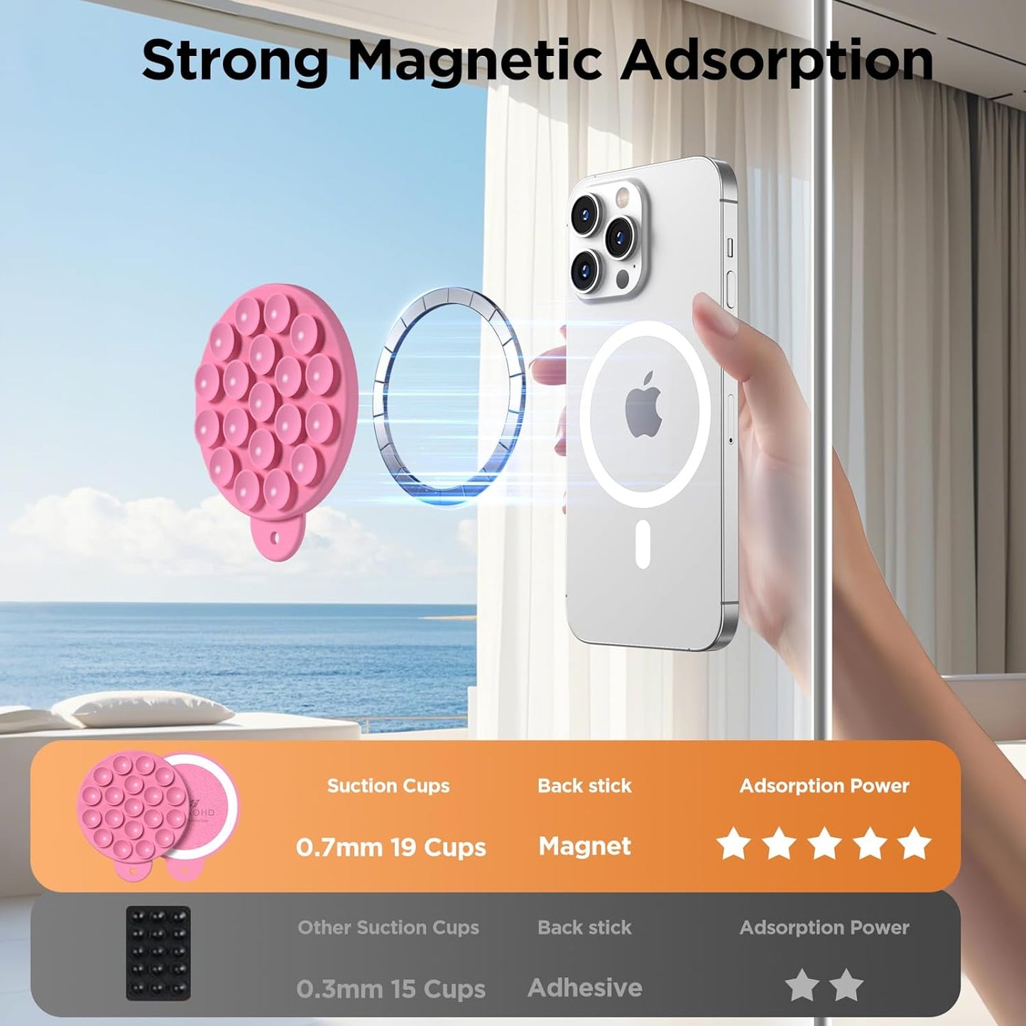 Magnetic Suction Cup Phone Mount for MagSafe Case, Silicone Hands-Free Phone Grip Holder for iPhone and Android, Mirror Shower Phone Stand for Makeup FaceTime Gym Kitchen Bathroom, Tender Pink
