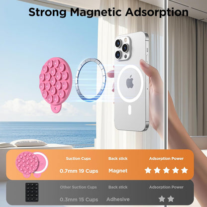 Magnetic Suction Cup Phone Mount for MagSafe Case, Silicone Hands-Free Phone Grip Holder for iPhone and Android, Mirror Shower Phone Stand for Makeup FaceTime Gym Kitchen Bathroom, Tender Pink