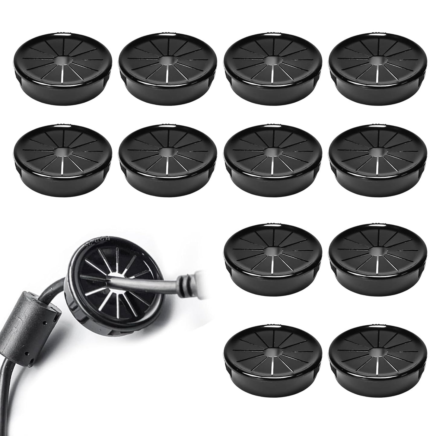 12 Pcs Cable Grommet, Snap Bushing 1-9/16" (40 mm) Mounting Diameter, Flexible Petal-Shaped Buckle Round Nylon Desk Grommet for Wires Through Countertop Cord Organizer and Protection, Black