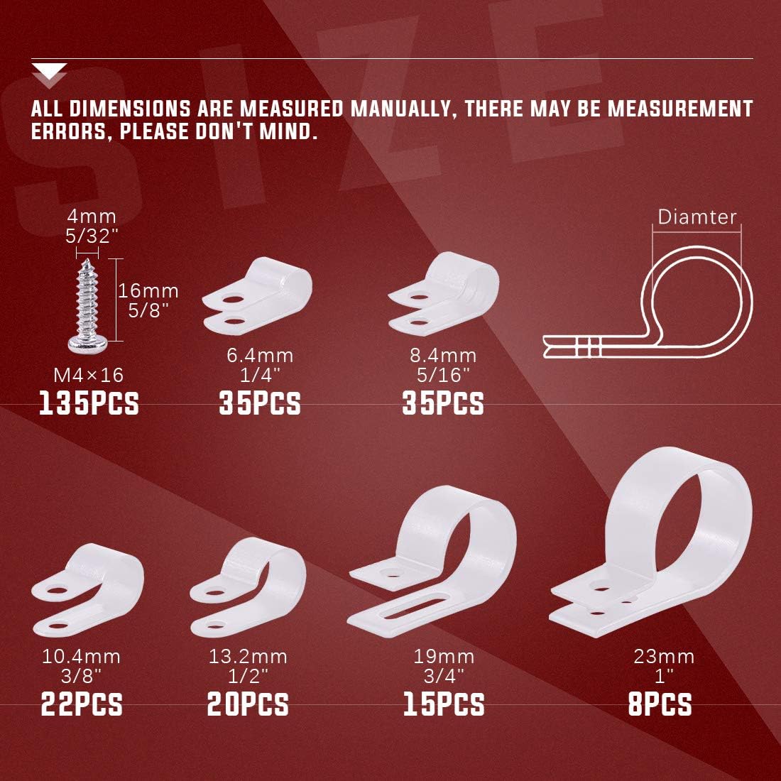 Hilitchi 135 Pcs 6 Sizes White Plastic Cable Clamp R Type Screw Mounting Cord Fastener Cable Clips Assortment Kit with Screws for Wire Management Cable Conduit (Clips from 6mm to 23mm)