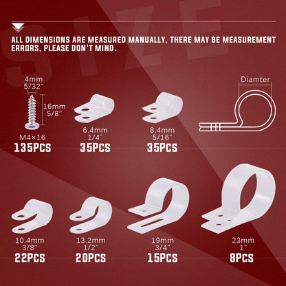 Hilitchi 135 Pcs 6 Sizes White Plastic Cable Clamp R Type Screw Mounting Cord Fastener Cable Clips Assortment Kit with Screws for Wire Management Cable Conduit (Clips from 6mm to 23mm)