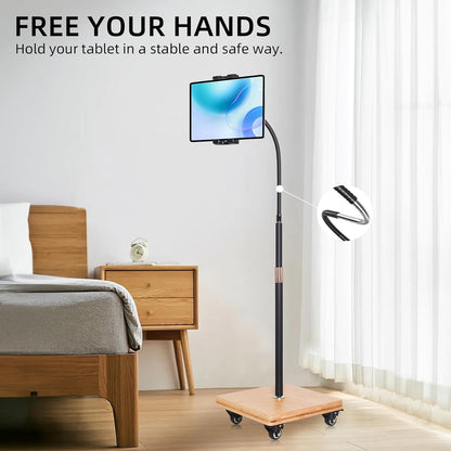 wishacc Tablet Floor Stand for Bed - Gooseneck Tablet Holder Mount with Adjustable Height and 4 Wheels, Compatible with iPad mini Air Pro 12.9/9.7, Galaxy Tab, Kindle, Cell Phones (4.7"-13")