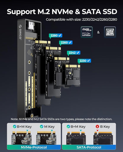 ORICO M.2 NVMe/SATA SSD Enclosure - USB 3.1 Gen 2 (10 Gbps) Support UASP for M.2 NVMe/SSD Size 2230/2242/2260/2280