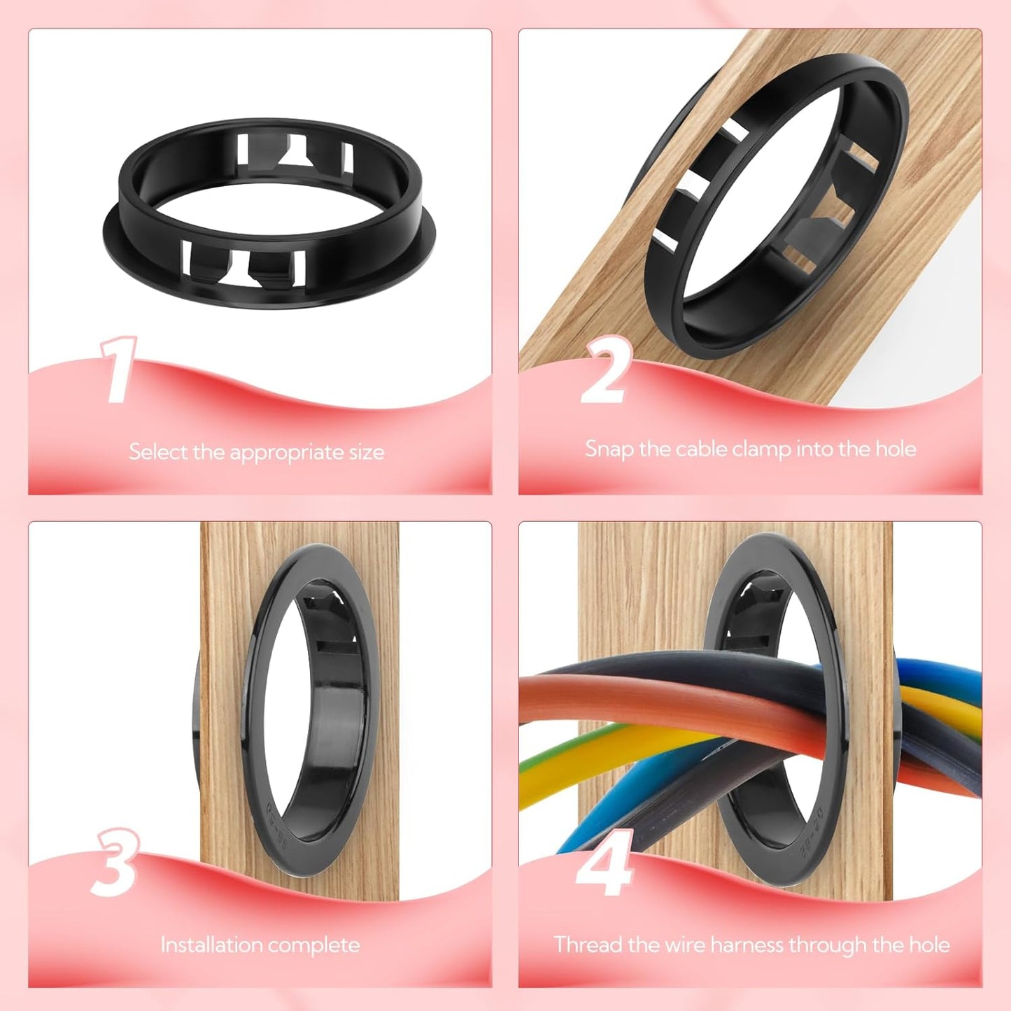 100PCS 7/8" Black Cable Snap Bushing Grommet, Snap in Cord Bushing Protect Cables