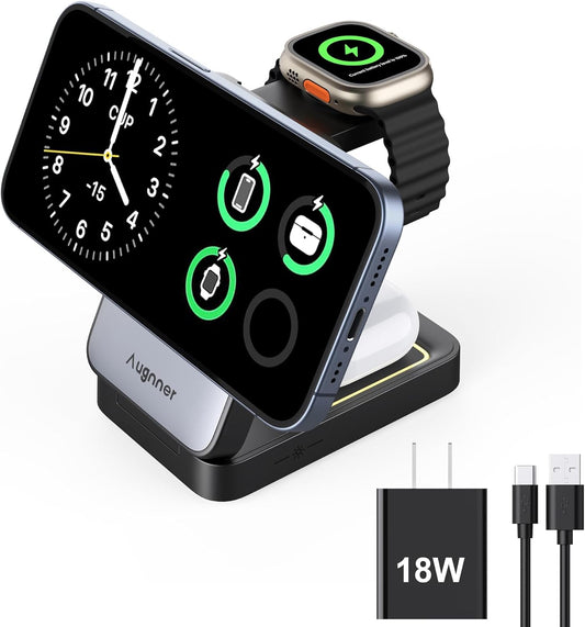 3 in 1 Charging Station for Multiple Devices Apple Compatible with Magsafe Charger Stand, 15W Foldable Cube Wireless Charger for 16/15/14/13/12 Series, Apple Watch, Airpod