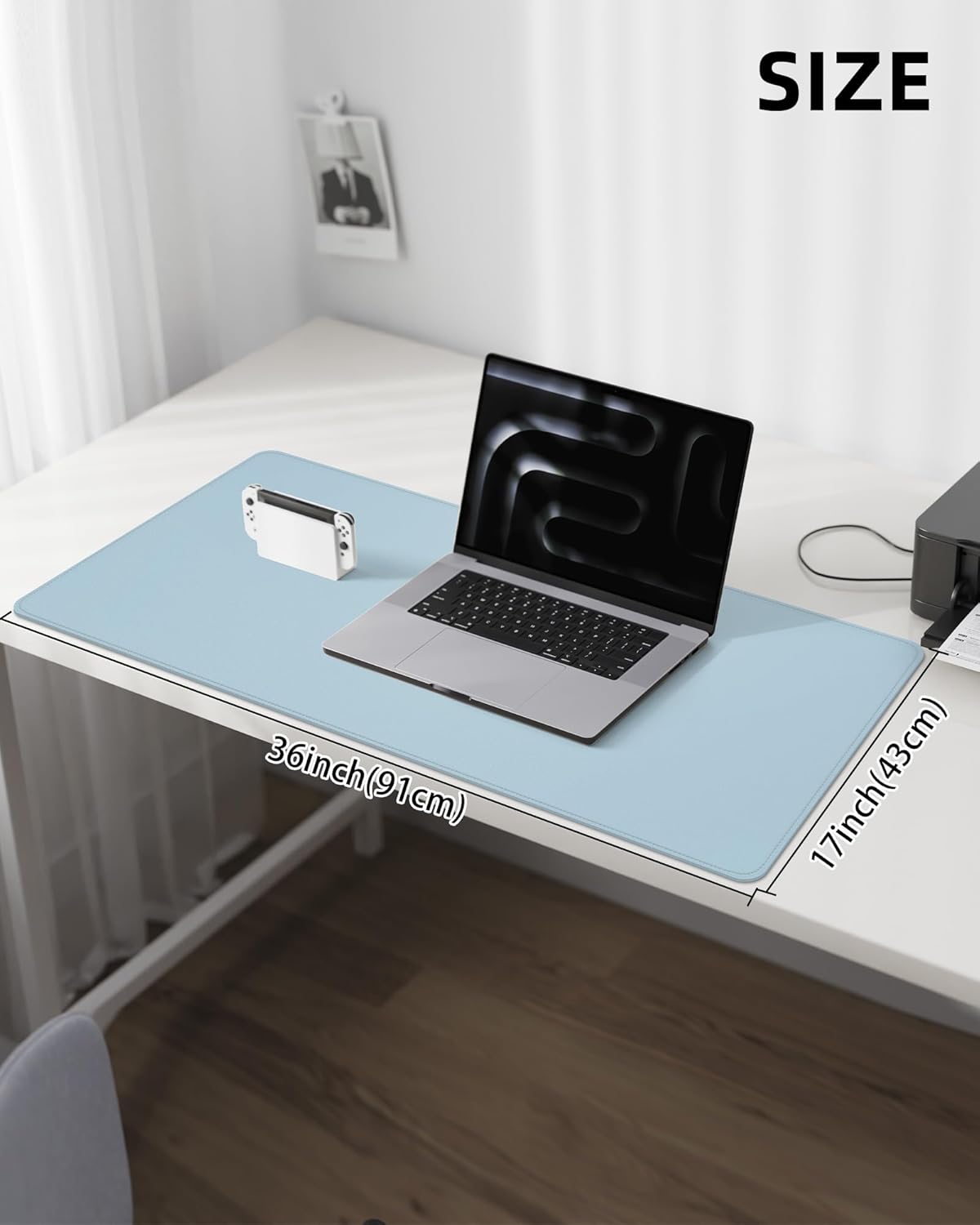 Leather Desk Pad Protector,Desk Mat,Large Mouse Pad, Non-Slip Desk Pad, Waterproof PU Leather Desk Blotter Mat, Desk Cover for Office and Home (Light Blue, 36" x 17")