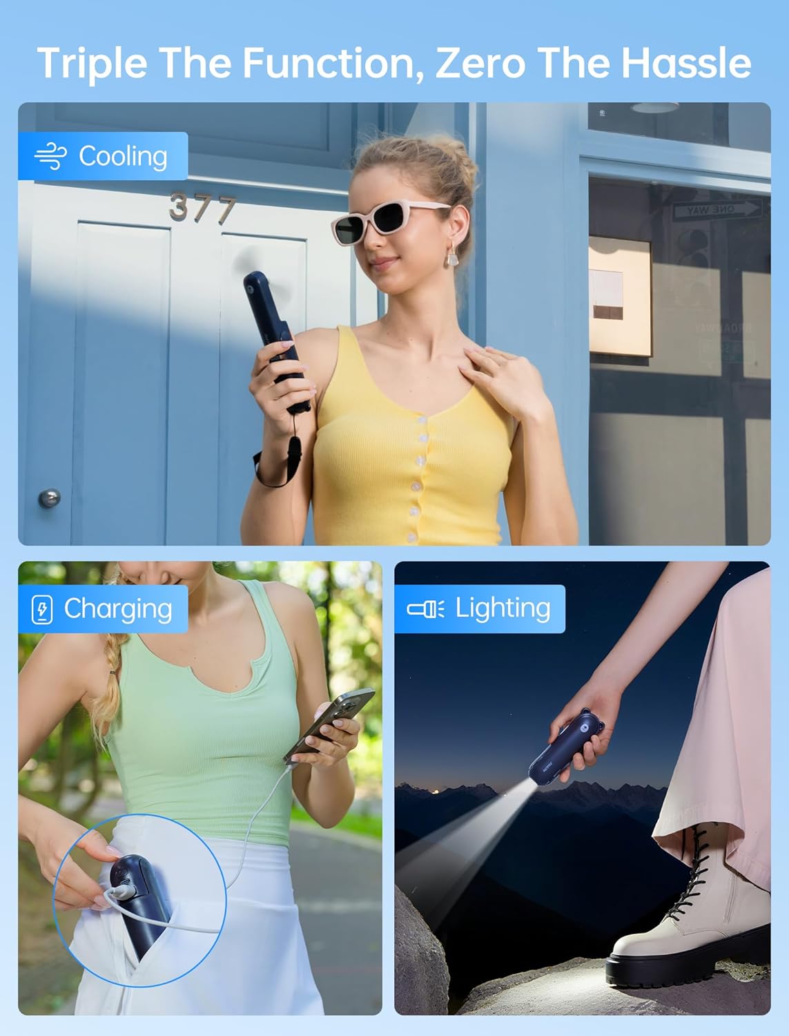 JISULIFE Handheld Mini Fan, 3 IN 1 USB Rechargeable Portable Fan [12-19 Working Hours] with Power Bank, Flashlight, Pocket Design for Travel/Summer/Concerts/Lash, Gifts for Women (Dark Blue)