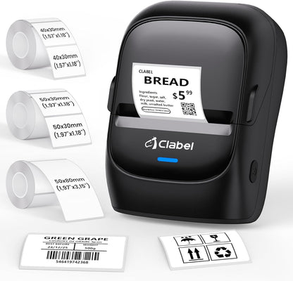 CLABEL Thermal Label Maker Machine: 221B Bluetooth Label Maker Machine with Tape Mini Sticker Printer Barcode Printer Compatible with Smartphone with 3 Roll 40x30mm,50x30mm,50x80mm Label (Black)
