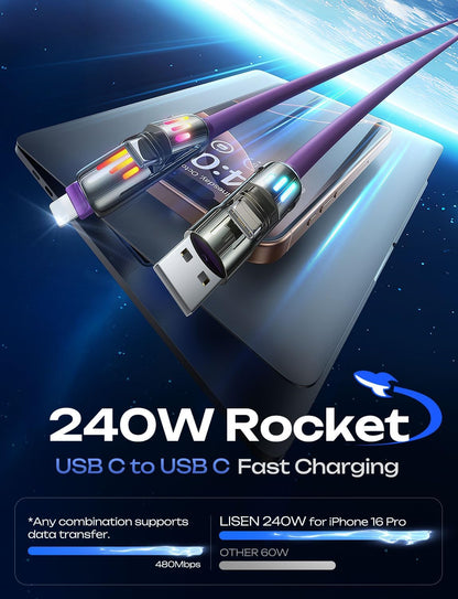 LISEN 240W Chubby USB C to USB C, 4 in 1 Charging Cable (6.6FT) with Light, USB A/C to C/L Multi Charging Cable for iPhone 16 15 14 Pro Max/MacBook/iPad Pro/SamSungS24,Purple