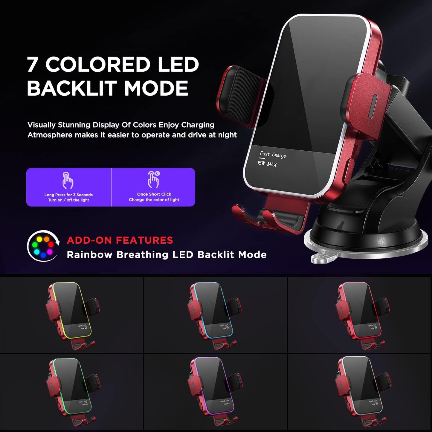 Wireless Car Charger,【7 Colored RGB Backlit】Mosurr 15W Auto Clamping Car Charger Phone Mount Holder fit for iPhone 15 14 13 12 Mini Pro Max 11 XR XS, Samsung Galaxy S24 Ultra S23 S22 S21+ Note 20, etc