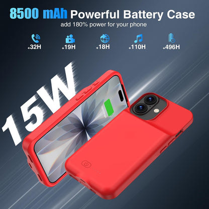 GIN FOXI Battery Case for iPhone 17, Charging Case Charger 8500mAh Ultra-Slim Lightweight Powerful Battery Pack 15W Fast Rechargeable Anti-Fall TPU Juice Box for iPhone 17 (6.3") Red