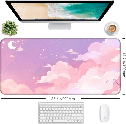Cute Anime Cloud Desk Mat, Beautiful Pink Stitching Edge Non Slip Rubber Mouse Pad, Suitable for Female and Girl Office Decoration 35.4 x 15.7 x 0.12 Inches