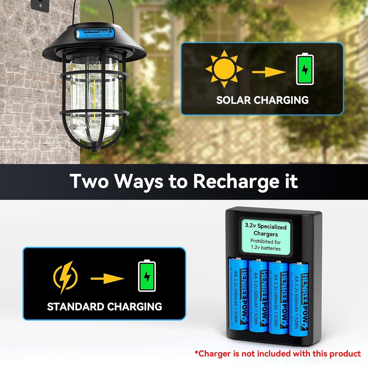 Henreepow AA 3.2v Solar Rechargeable Batteries, LiFePo4 Double A 600mAh 3.2v 1.92wh Solar Battery, 3.2v Rechargeable Batteries for Solar Lights, Wall Lantern, Solar Post Lights（AA-3.2v-6pack）