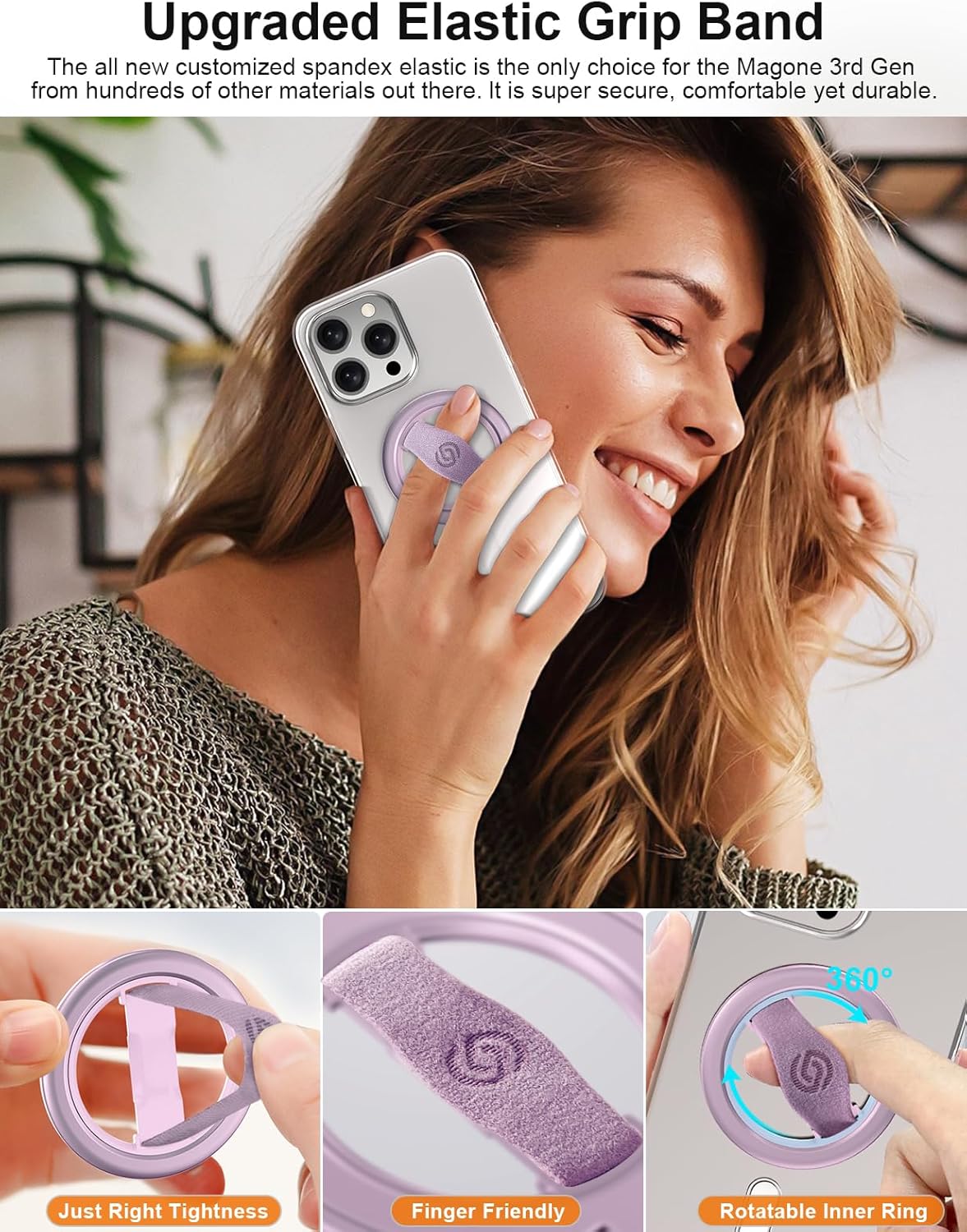 EWA MagOne Lite 3rd Gen Cell Phone Ring Holder, with Replaceable 360° Rotation Elastic Finger Strap, Phone Grip Compatible with,15,14,13 Pro/Max/Plus-(Purple)