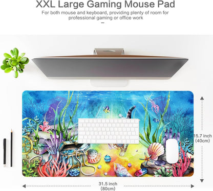 Lokigo Desk Pad Cool Cat, Big Desk Mat Cute Cat Ocean Underworld Extended Large Gaming Mouse Pad for Desk Boys Girls Non-Slip Rubber Base Stitched Edges Mouse Mat Office Home Laptop Desk Matt