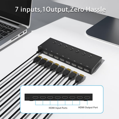 Y.D.F 7 Port HDMI Switch, 4k@60Hz HDMI Switcher 7 in 1 Out HDCP 2.0 Manual HDMI 2.0 Hub Support 3D Compatible with Nintendo Switch/OLED/Xbox/ PS5/4 Blu-Ray Player Fire Stick Roku Apple TV Chromeca