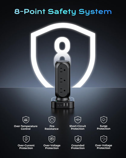 Tower Surge Protector Power Strip,12 AC Outlets & 8 USB Ports, Flat Plug 5FT Extension Cord with Multiple Outlets, 24W Outlet Extender Overload Protection for Home Office Room