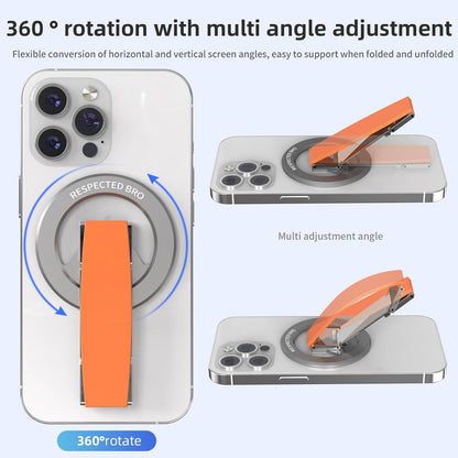 Magnetic-Phone-Grip-Stand, Magnetic Phone Ring Holder Kickstand with Silicone Finger Strap, Compatibility for iPhones, Androids, and More (Orange)