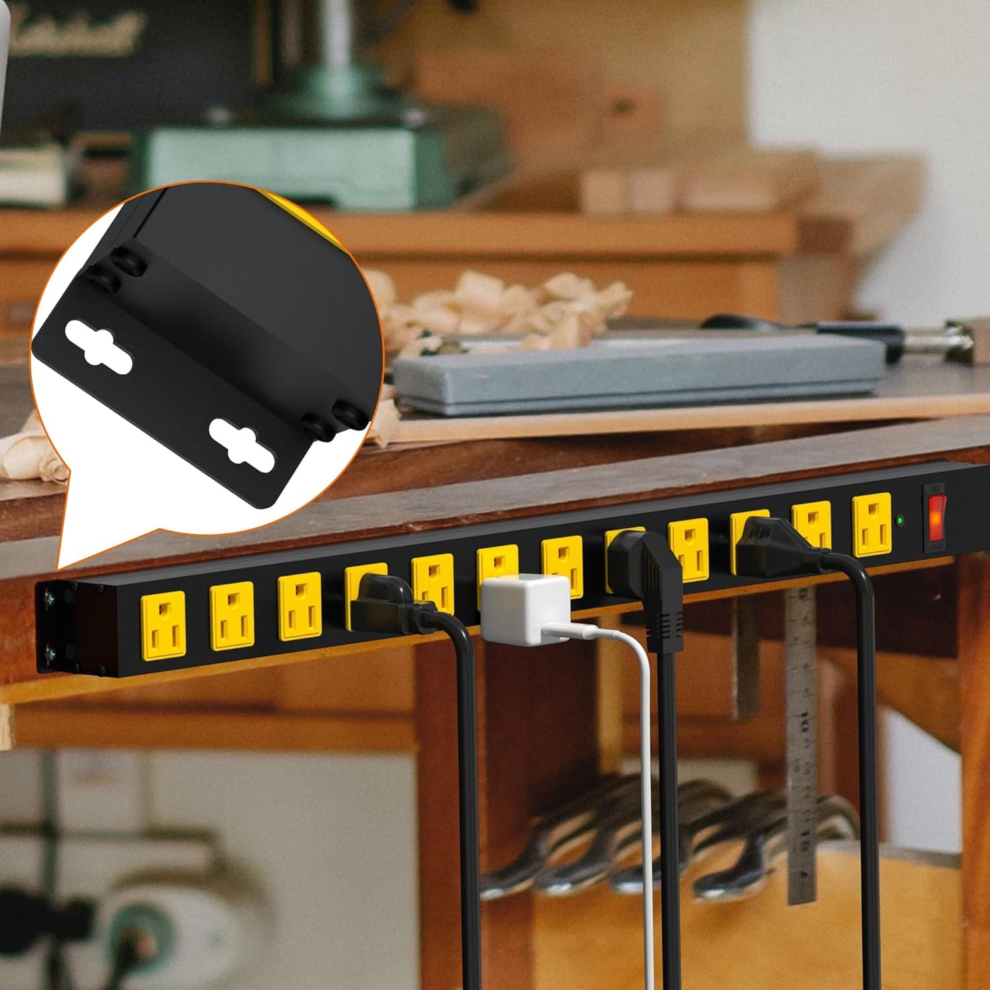 Metal 12 Outlet Mountable Power Strip, Surge Protector Heavy Duty Cord Wide Spaced and Wall Mount Metal Powerstrip for Outdoor, Desk, Garage, Industrial, Shop and Indoor (6ft)