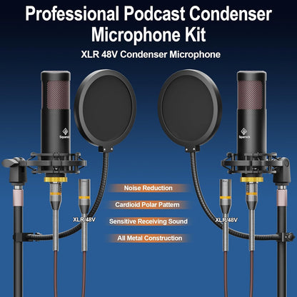 Podcast Equipment Bundle for 2 with Dual 48V XLR Condenser Micophones with Mic Pop Filters Audio Equipment for Live Streaming/ Recording, Online Gaming for Phone/ Laptop/ PC Audio Interface M100