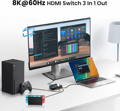 NEWCARE 8K HDMI Switch 3 in 1 Out, HDMI 2.1 Switch with Remote, HDMI Splitter 4K@120Hz Support 8K@60Hz HDCP2.3 HDR10+ VRR ALLM Dolby, HDMI Switcher Compatible with TV PS5/4 Xbox Laptops PC Projector