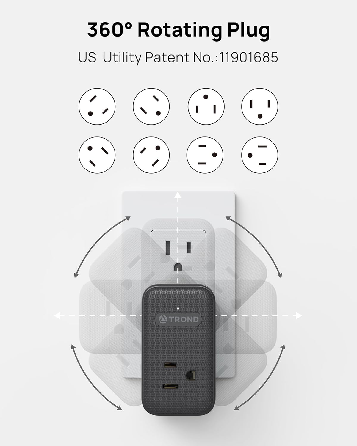 TROND Multi Plug Outlet Extender, 3 AC Outlet Adapter with 360 Rotating Plug, Black Power Splitter with PD 20W USB C Charger, A Compact Solution to Home Dorm Room Travel Cruise Essentials