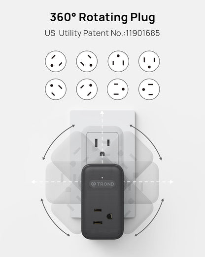 TROND Multi Plug Outlet Extender, 3 AC Outlet Adapter with 360 Rotating Plug, Black Power Splitter with PD 20W USB C Charger, A Compact Solution to Home Dorm Room Travel Cruise Essentials