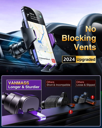 VANMASS [True Military-Grade] Car Phone Holder [Upgraded Suction & Clip] Cell Phone Mount for Dashboard Windshield Vent Truck Cradle Dash Stand for iPhone 16 Pro Max 15 14 13 12 Android, Purple