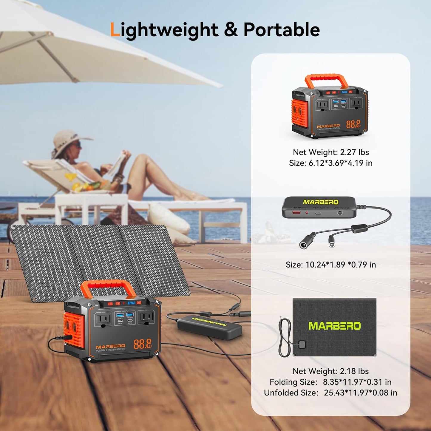 MARBERO 88.8Wh Portable Power Station with 30W Solar Panel 150W Peak Camping Solar Generator Power Bank with AC Outlet(2*AC,2*USB A, 2*USB C,) for Outdoor Travel Home Emergency Blackout Hurricane