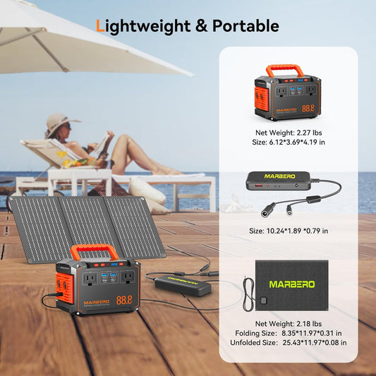 MARBERO 88.8Wh Portable Power Station with 30W Solar Panel 150W Peak Camping Solar Generator Power Bank with AC Outlet(2*AC,2*USB A, 2*USB C,) for Outdoor Travel Home Emergency Blackout Hurricane