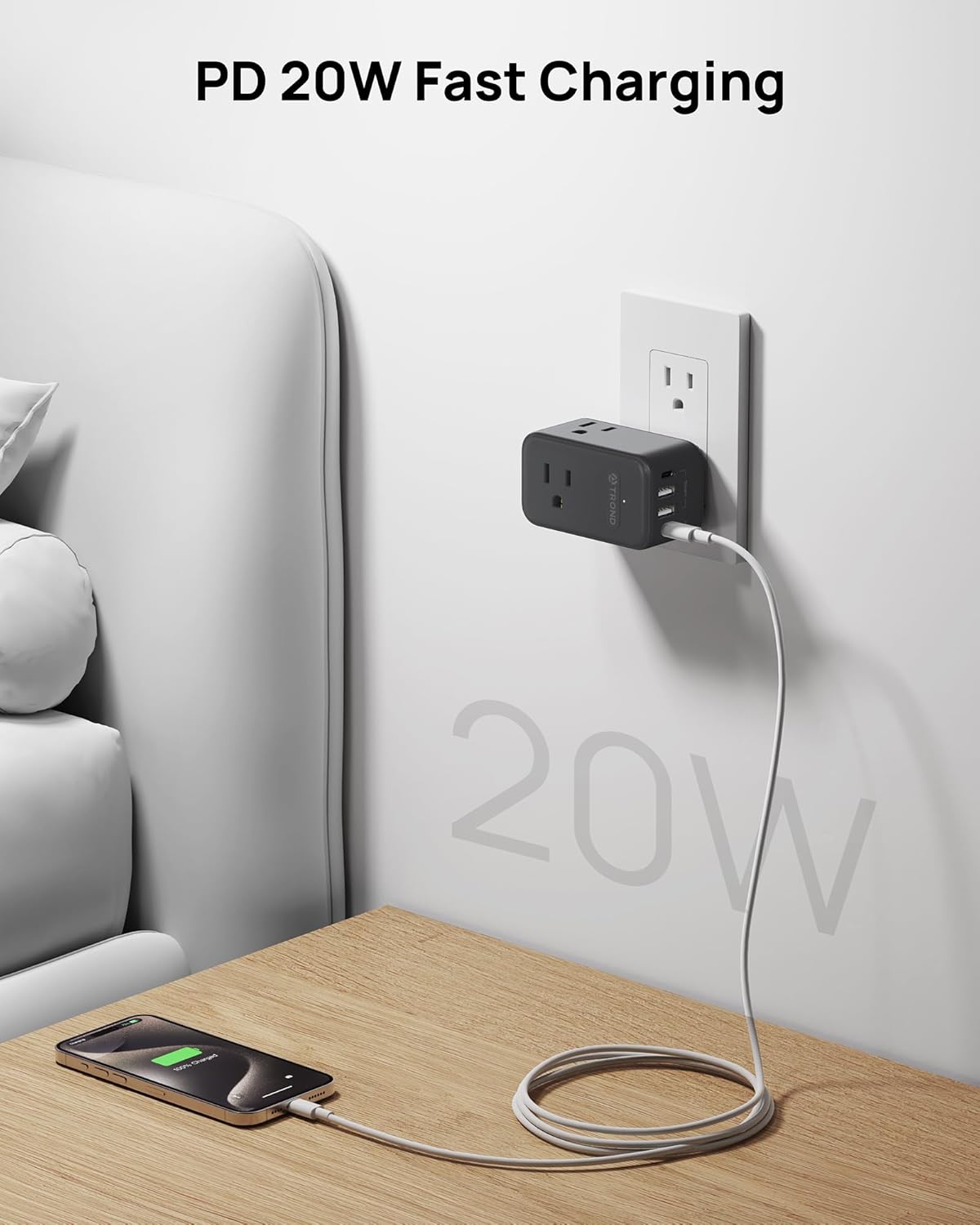 TROND Multi Plug Outlet Extender, 3 AC Outlet Adapter with 360 Rotating Plug, Black Power Splitter with PD 20W USB C Charger, A Compact Solution to Home Dorm Room Travel Cruise Essentials