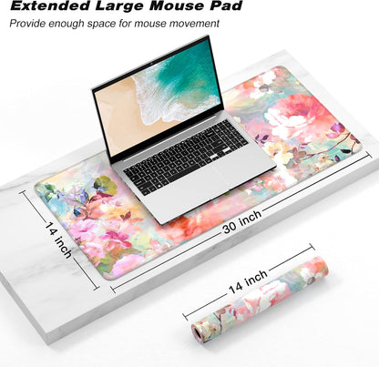 Extended Gaming Mouse Pad, XXL Large Desk Pad 30 x 14 Inch, Big Computer Keyboard Mousepad, Waterproof Mouse Mat with Stitched Edges and Non-Slip Base for Women Office Gaming, Flower