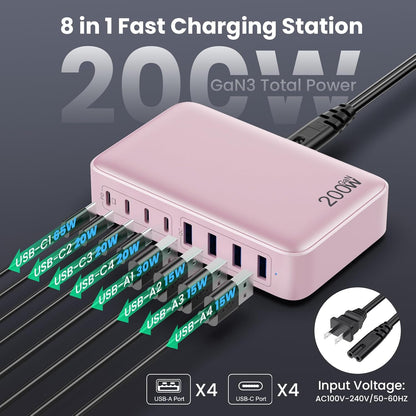 USB C Charger 200W USB C Charger Block,Upgraded GaN III 8-Port Fast Charging Station Hub,PD 65W Laptop Charging Adapter Compatible with MacBook Pro/Air,DELL,Steam Deck,iPhone 16/15/14,Galaxy S23/22