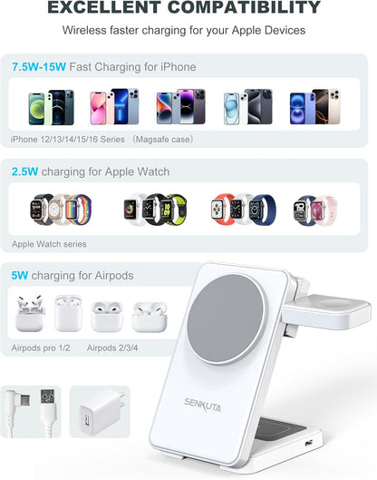 2025 Upgraded Wireless Charger for Apple: 3 in 1 Charging Station Foldable Fast for Apple iPhone 16/15/14/13/12 Max Plus Series - Portable Travel Charger for Apple Watch/Airpods Pro (White)