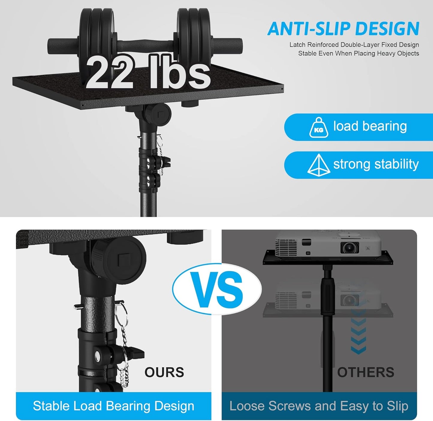 Projector Stand Tripod from 23" to 46", Laptop Tripod Stand Height Adjustable with Gooseneck Phone Holder, Laptop Floor Stand for Office, Home, Stage, Studio, DJ Racks Holder Mount