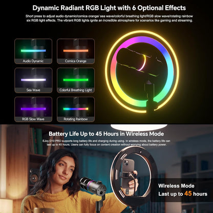 COMICA D10 Pro A Wireless/XLR/USB Dynamic Microphone with Receiver Boom Arm Stand- Dual Channel Cardioid Mic, 45H Battery, RGB Lights, CalMix Denoise for Gaming/Streaming/PD(PC, PS4/5, Mac,Phone)White