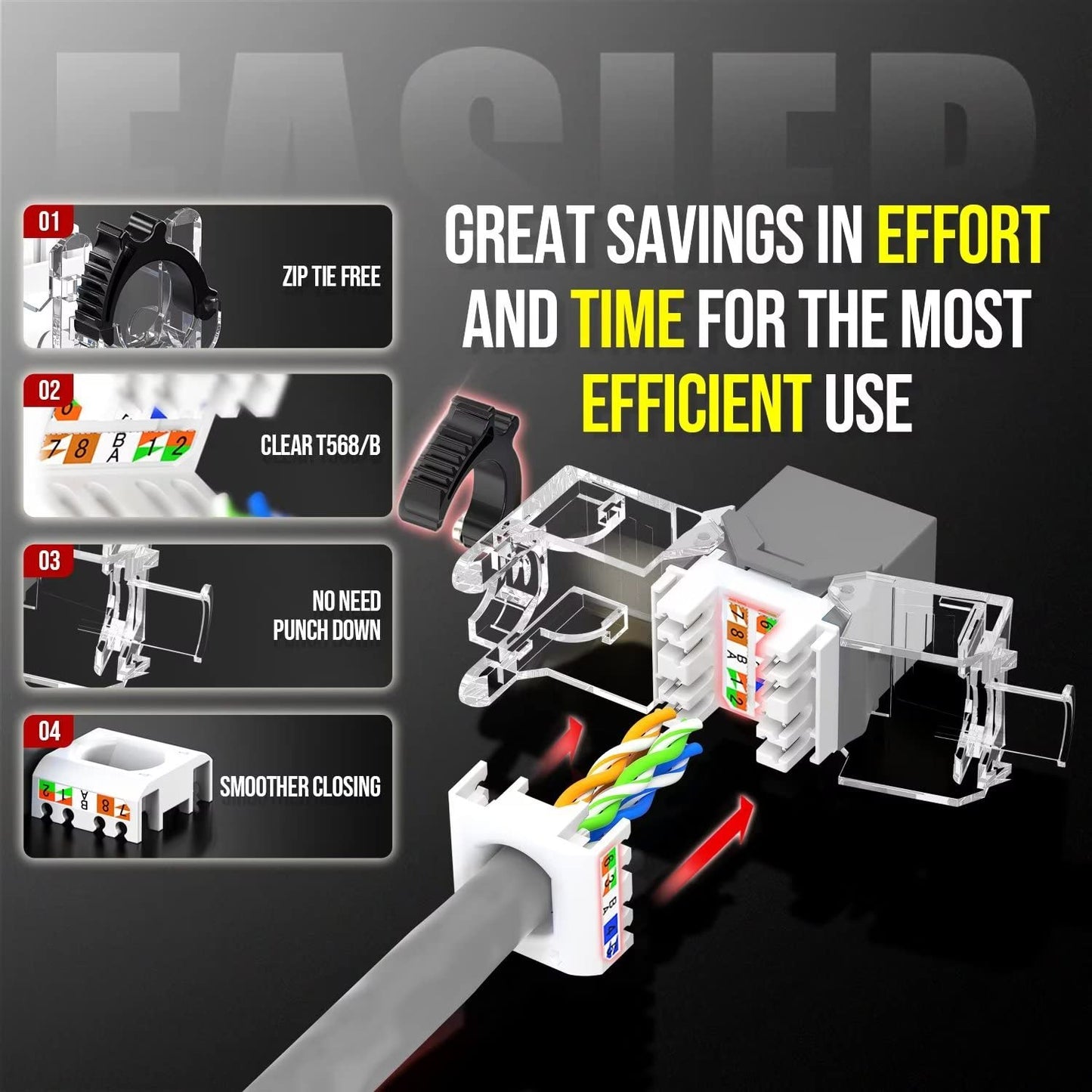 AMPCOM CAT6A UTP RJ45 Keystone Jack 50u Gold Plating Reusable Ethernet Wall Jack with Adjustable Ratchet Lock (No Tool and Zip Tie Required) - Gray (12-Pack)