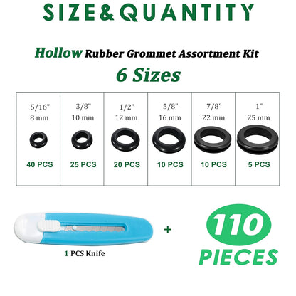 110 Pcs Rubber Grommets for Wiring - Rubber Grommet Assortment Kit 6 Sizes 5/16 3/8 1/2 5/8 7/8 1 Inch, Cable Hole Plug Firewall Automotive Wire Grommets Set for Sheet Metal, Hardware Repair