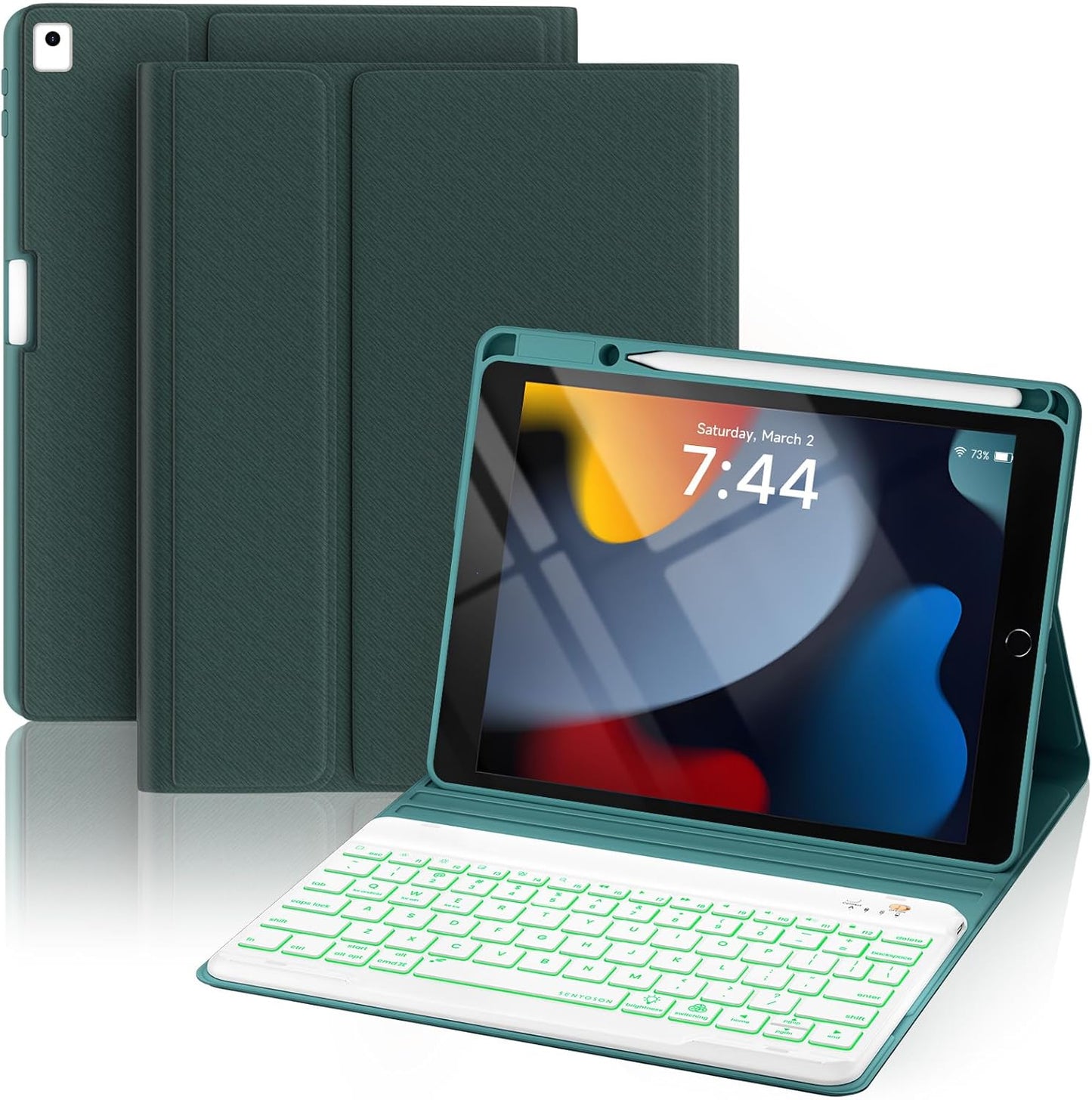 OYEEICE for iPad 9th Generation Case with Keyboard 10.2'' - 7 Color Backlit Wireless Keyboard Cover with Pencil Holder for iPad 9th/8th/7th Gen 10.2 inch, iPad Air 3rd Gen & iPad Pro 10.5" - Teal