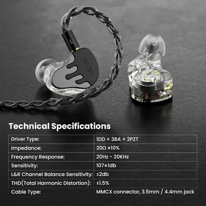 BASN BmasterX in Ear Audio Monitor, Hybrid 6 Drivers IEM Earphones with Crystal Clear Sound, Detachable Cable Plus Carrying Case & Fit Kit for Musician, Stage, Studio (3.5mm/4.4mm Jack, Black/Silver)