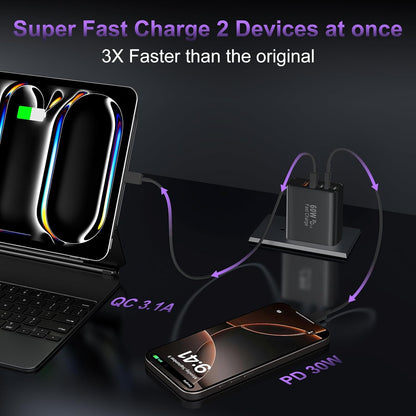 USB C Fast Wall Charger Block, 2Pack 60W USBC Charging Cubes, 5-Port PD+QC Power Adapter Multiport Brick Type C Box Plug for Phone 16/15/14/13/12/11/Pro Max/Plus, Pad Mini/Pro/S25/S24-Black