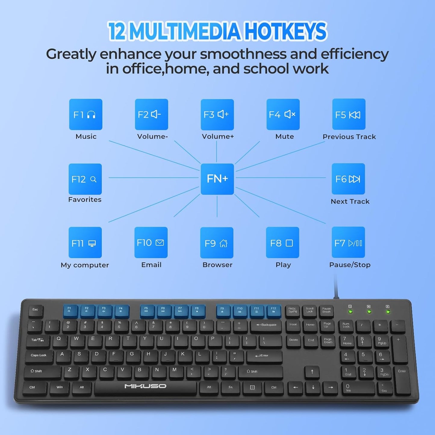 Wired Computers Keyboard with Cover Comfortable Hand Feel,Laser Engraved Characters,12 Multimedia Keys USB Interface Suitable for Laptop PC,Full Size 104 Keyboards, Plug and Play, Office