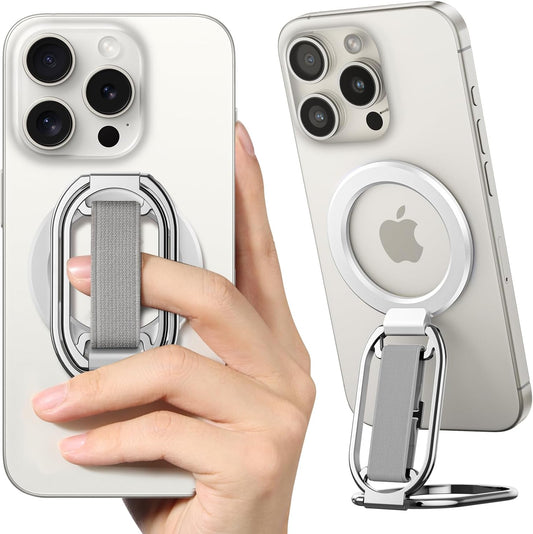 [2025 Newest] SUPERONE for Magsafe Phone Grip for Magnetic Kickstand Compatible with Mag Safe Finger Loop, 4-in-1 Phone Ring Holder Strap for Magnetic iPhone 16/15/14/13/12 (Silver)